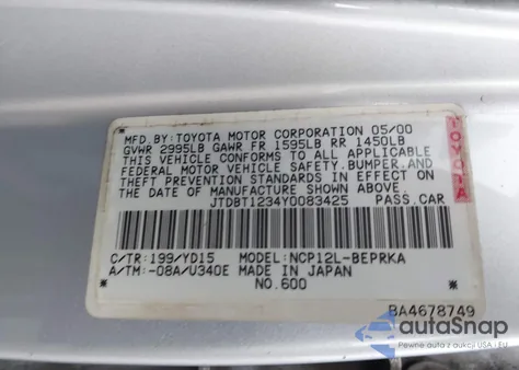 2000 Toyota Echo z USA, uszkodzony, nr VIN JTDBT1234Y0083425